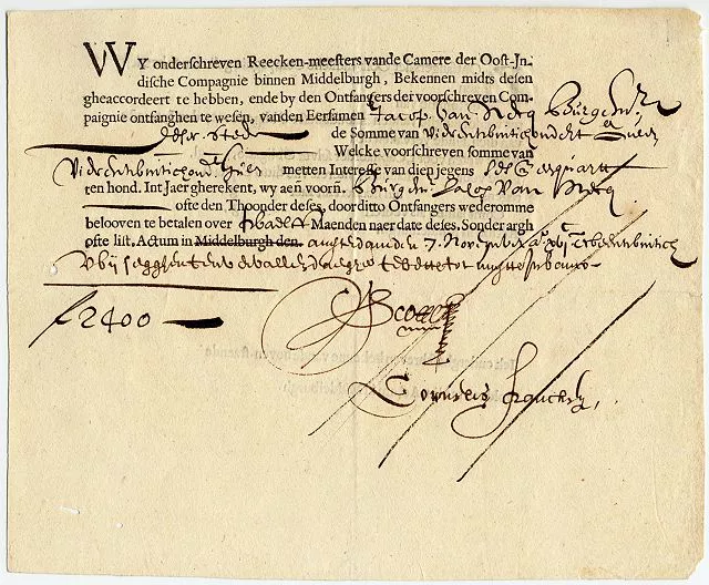 A bond from the Dutch East India Company (VOC), dating from Nov. 7, 1623. The VOC was the first company in history to widely issue bonds and shares of stock to the general public.